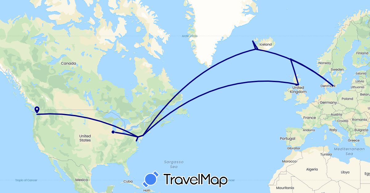 TravelMap itinerary: driving in Denmark, Faroe Islands, United Kingdom, Iceland, United States (Europe, North America)