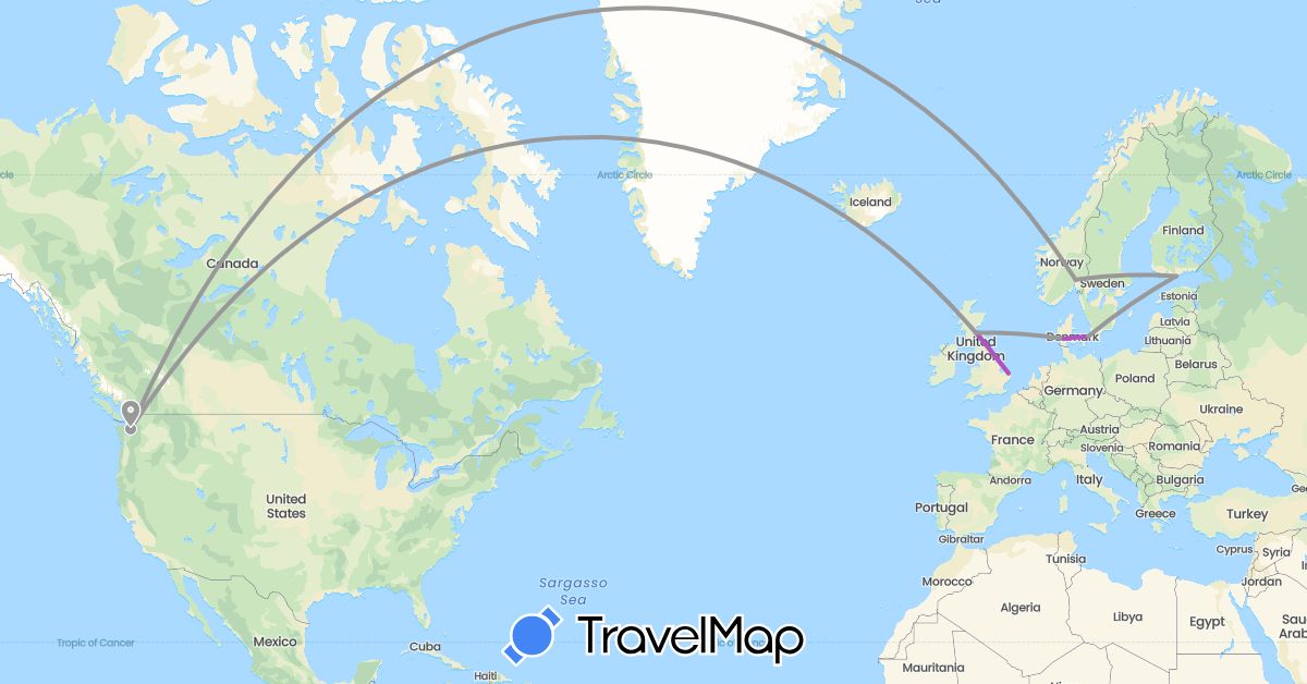 TravelMap itinerary: driving, plane, train in Denmark, Finland, United Kingdom, Iceland, Norway, United States (Europe, North America)
